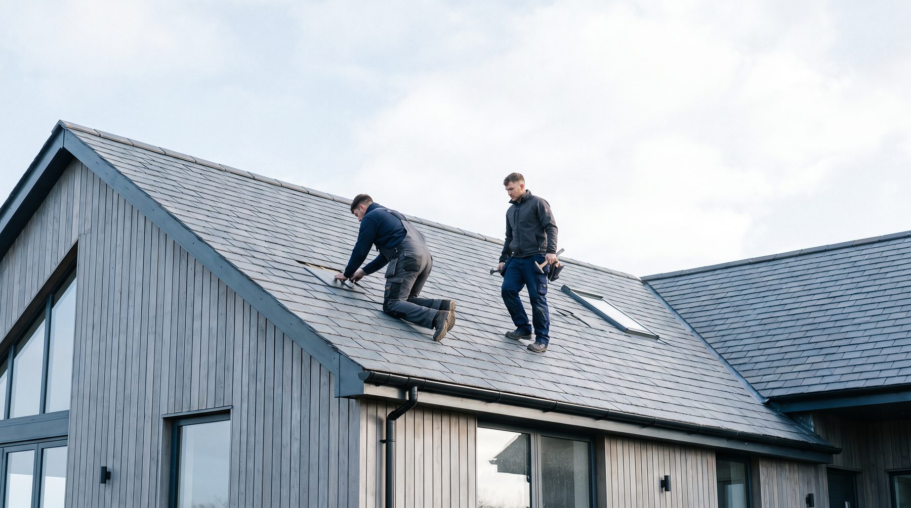 Two RoofCraft roofers working together on a roof.