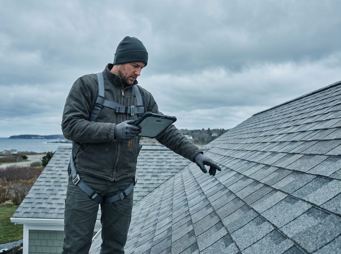 A roofer inspecting a roof with a tablet.