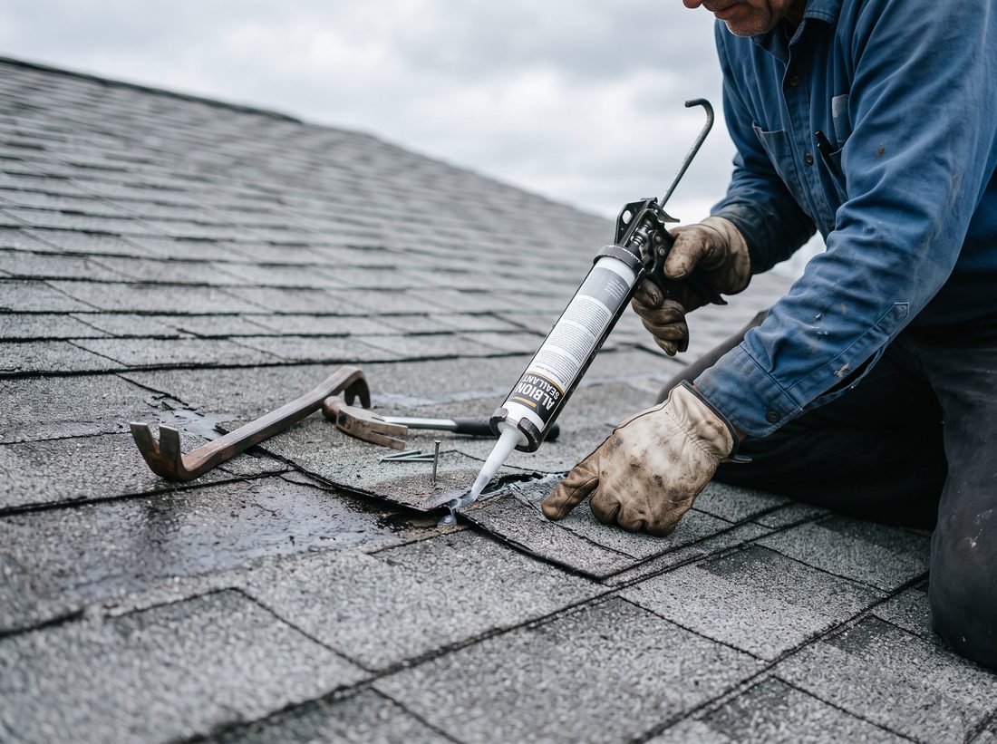 A roofer sealing a small leak on a grey shingle roof.