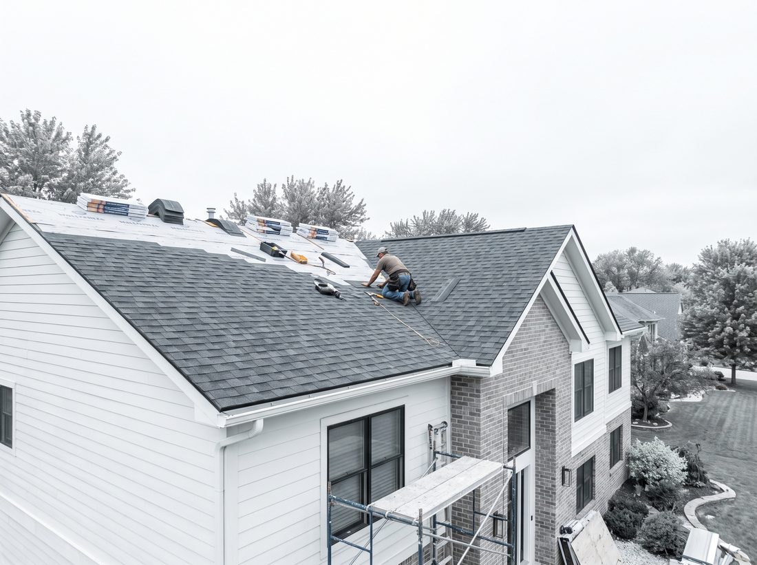 A roof mid-replacement with fresh grey shingles.