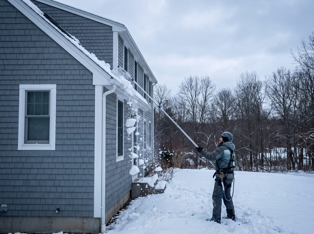 A roofer safely clearing snow from a roof edge.